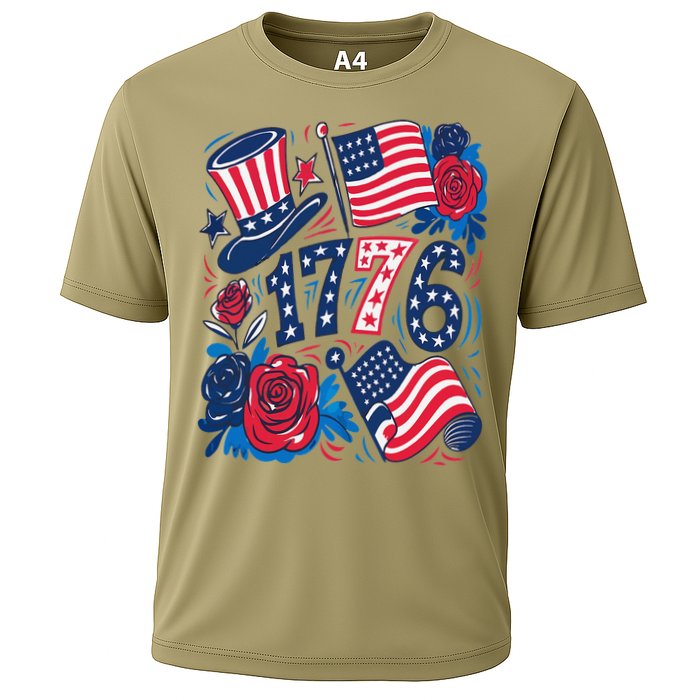 America 1776 4th Of July Independence Day Boho Flower Cooling Performance Crew T-Shirt