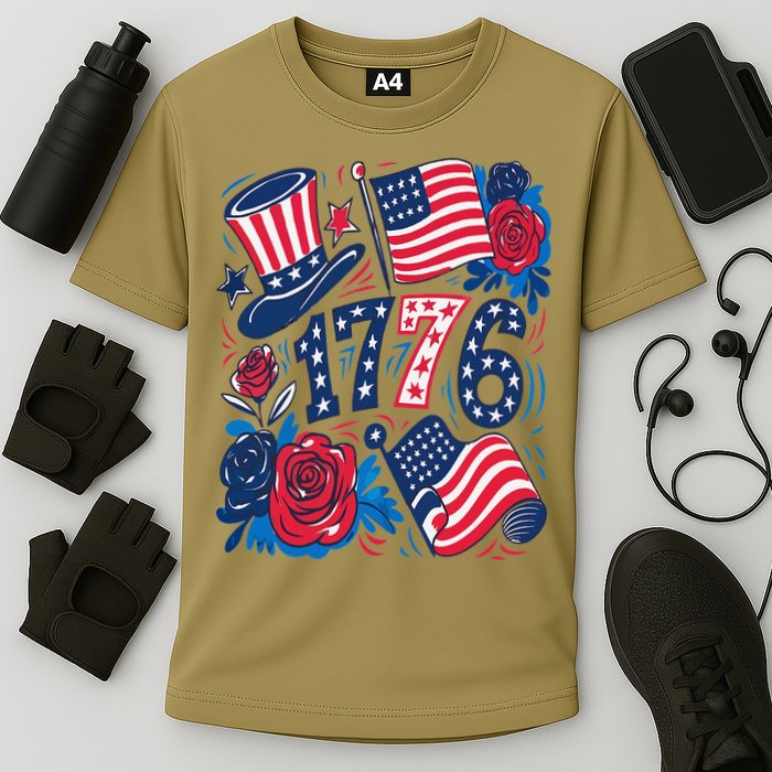 America 1776 4th Of July Independence Day Boho Flower Cooling Performance Crew T-Shirt