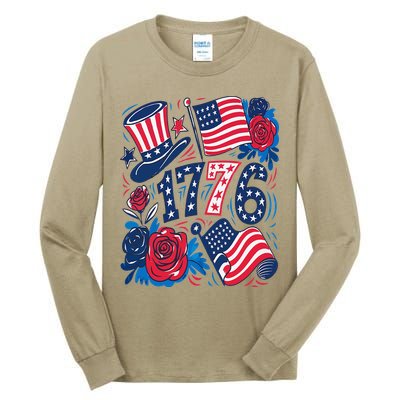 America 1776 4th Of July Independence Day Boho Flower Tall Long Sleeve T-Shirt