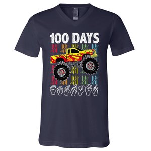 Asl 100 Days Of School Monster Truck 100 Days Smarter Deaf V-Neck T-Shirt