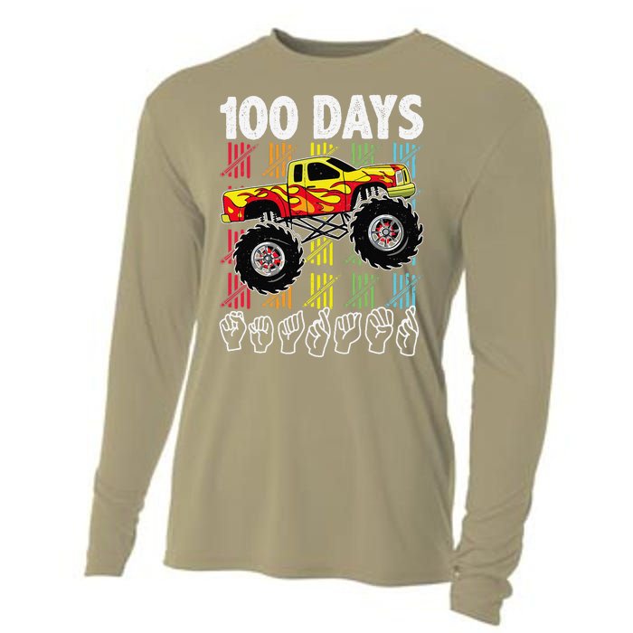 Asl 100 Days Of School Monster Truck 100 Days Smarter Deaf Cooling Performance Long Sleeve Crew