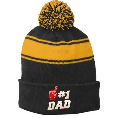 Athletic 1 Dad Number 1 Father Dad Fathers Day Stripe Pom Pom Beanie