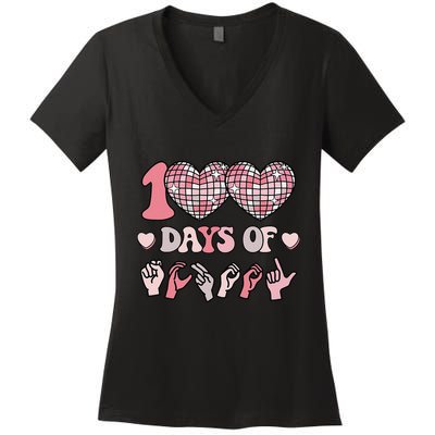 Asl 100 Days Of School Disco Dancing 100th Day Deaf Signing Women's V-Neck T-Shirt