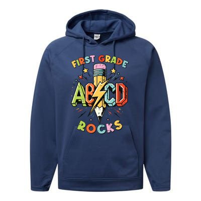 Abcd 1st Grade Rocks Pencil Lightning Teachers Rock Boy Performance Fleece Hoodie