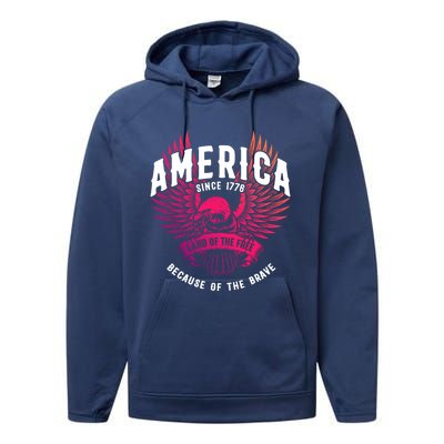 America 1776 Land Of Free Because Of The Brave Usa Eagle Funny Gift Performance Fleece Hoodie