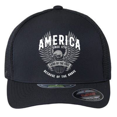 America 1776 Land Of Free Because Of The Brave Usa Eagle Cool Gift Flexfit Unipanel Trucker Cap