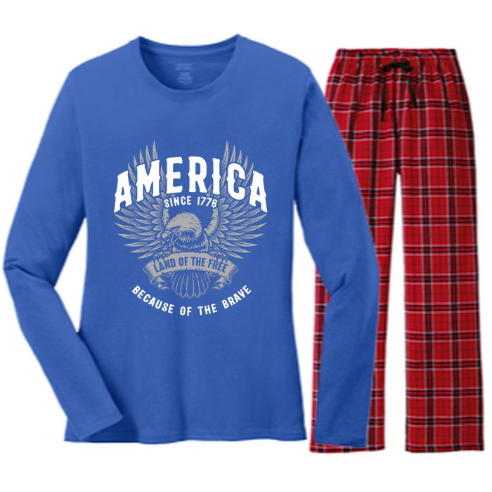 America 1776 Land Of Free Because Of The Brave Usa Eagle Cool Gift Women's Long Sleeve Flannel Pajama Set 