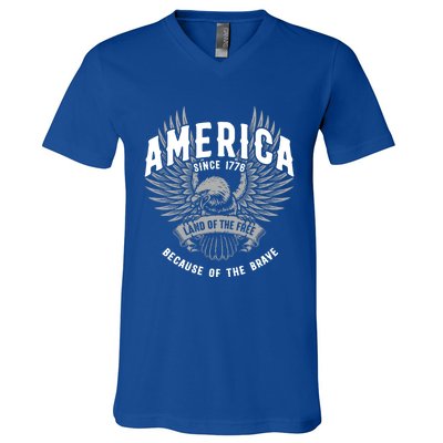 America 1776 Land Of Free Because Of The Brave Usa Eagle Gift V-Neck T-Shirt