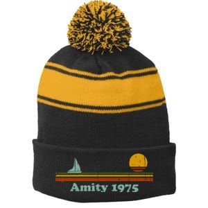 Amity 1975 Sunset Retro Sailboat Sunrise Summer Stripe Pom Pom Beanie