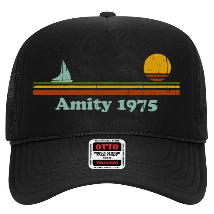 Amity 1975 Sunset Retro Sailboat Sunrise Summer High Crown Mesh Back Trucker Hat