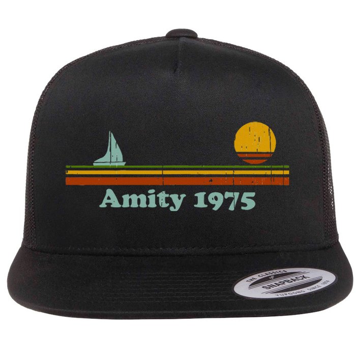 Amity 1975 Sunset Retro Sailboat Sunrise Summer Flat Bill Trucker Hat