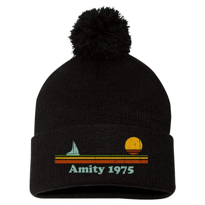 Amity 1975 Sunset Retro Sailboat Sunrise Summer Pom Pom 12in Knit Beanie