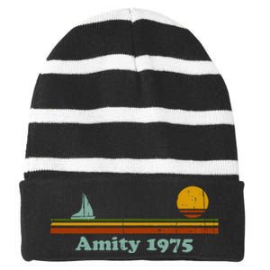 Amity 1975 Sunset Retro Sailboat Sunrise Summer Striped Beanie with Solid Band