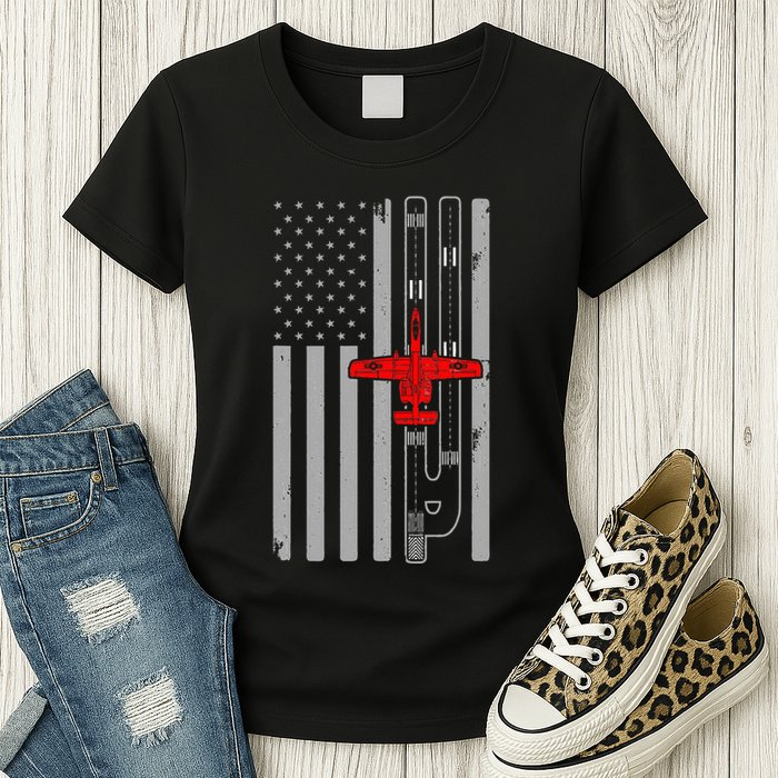 A 10 Warthog Airplane American Flag Runway A10 Thunderbird Womens T-Shirt