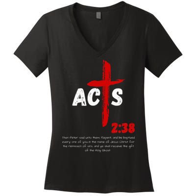 Acts 238 Baptized In Jesus Name Cross Pentecostal Apostolic Women's V-Neck T-Shirt