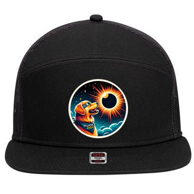 April 2024 Solar Eclipse Dog Wearing Solar Eclipse Glasses 7 Panel Mesh Trucker Snapback Hat