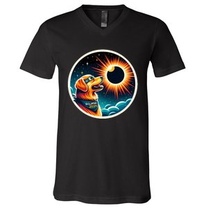 April 2024 Solar Eclipse Dog Wearing Solar Eclipse Glasses V-Neck T-Shirt