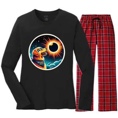 April 2024 Solar Eclipse Dog Wearing Solar Eclipse Glasses Women's Long Sleeve Flannel Pajama Set 