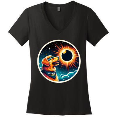 April 2024 Solar Eclipse Dog Wearing Solar Eclipse Glasses Women's V-Neck T-Shirt