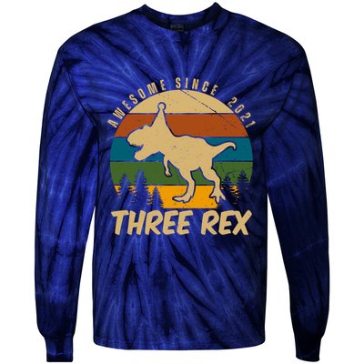 Awesome 3rd Birthday Dinosaur Gift Tie-Dye Long Sleeve Shirt