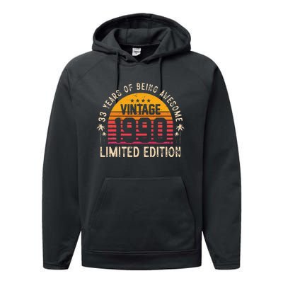 Awesome 33 Years Old 33rd Birthday Sunset Vintage 1990 Performance Fleece Hoodie