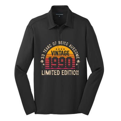 Awesome 33 Years Old 33rd Birthday Sunset Vintage 1990 Silk Touch Performance Long Sleeve Polo