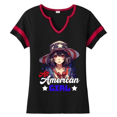 Anime 4th Of July Usa Flag All American Funny Gift Ladies Halftime Notch Neck Tee