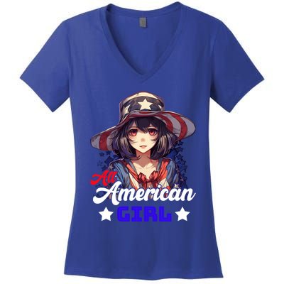 Anime 4th Of July Usa Flag All American Funny Gift Women's V-Neck T-Shirt