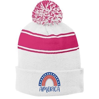 America 4th Of July Rainbow USA Stripe Pom Pom Beanie