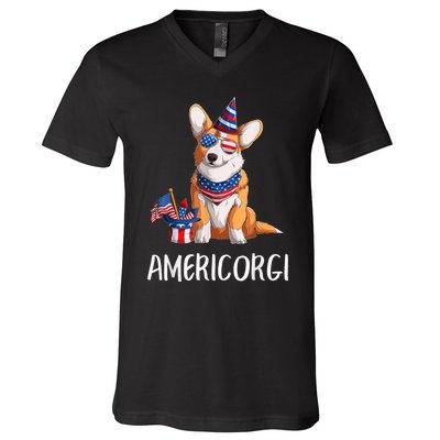 Americorgi 4Th Of July Independence Day Corgi Lovers V-Neck T-Shirt