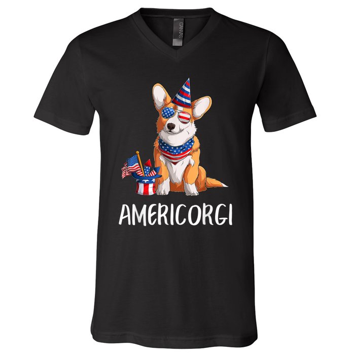 Americorgi 4Th Of July Independence Day Corgi Lovers V-Neck T-Shirt