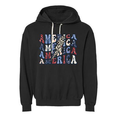 America 4th Of July Lightning Bolt Vintage Groovy Garment-Dyed Fleece Hoodie