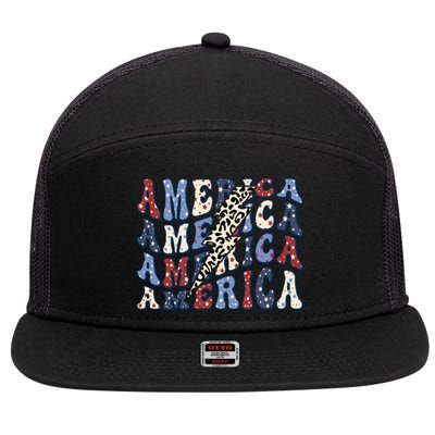 America 4th Of July Lightning Bolt Vintage Groovy 7 Panel Mesh Trucker Snapback Hat