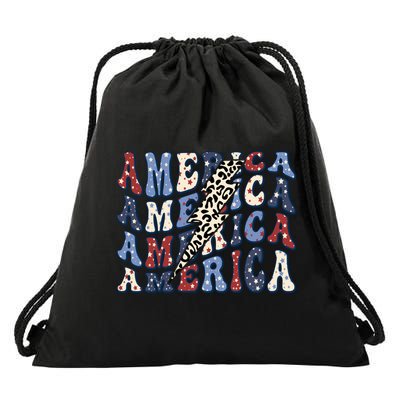 America 4th Of July Lightning Bolt Vintage Groovy Drawstring Bag