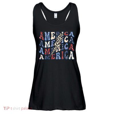 America 4th Of July Lightning Bolt Vintage Groovy Ladies Essential Flowy Tank