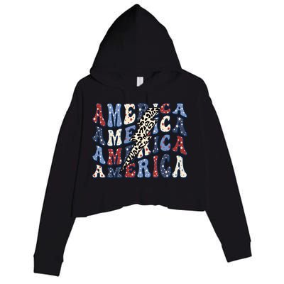 America 4th Of July Lightning Bolt Vintage Groovy Crop Fleece Hoodie