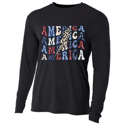 America 4th Of July Lightning Bolt Vintage Groovy Cooling Performance Long Sleeve Crew