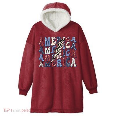 America 4th Of July Lightning Bolt Vintage Groovy Hooded Wearable Blanket