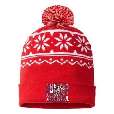 America 4th Of July Lightning Bolt Vintage Groovy USA-Made Snowflake Beanie