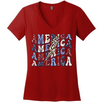 America 4th Of July Lightning Bolt Vintage Groovy Women's V-Neck T-Shirt