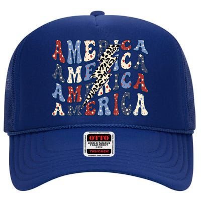 America 4th Of July Lightning Bolt Vintage Groovy High Crown Mesh Back Trucker Hat