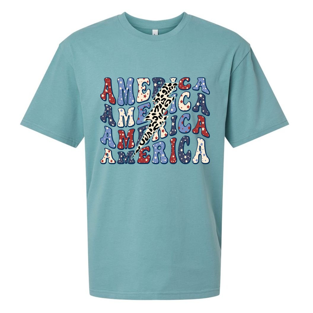 America 4th Of July Lightning Bolt Vintage Groovy Sueded Cloud Jersey T-Shirt