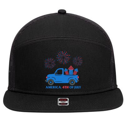 America 4th Of July Firework Truck 7 Panel Mesh Trucker Snapback Hat