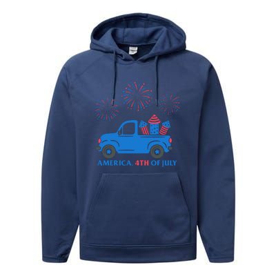 America 4th Of July Firework Truck Performance Fleece Hoodie