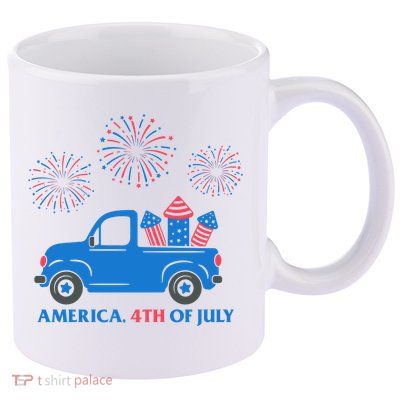 America 4th Of July Firework Truck 11oz C Handle Ceramic Mug