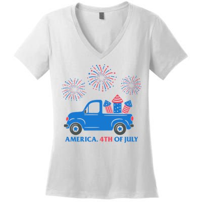 America 4th Of July Firework Truck Women's V-Neck T-Shirt