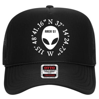 Area 51 Coordinates Ufo Alien Funny High Crown Mesh Back Trucker Hat