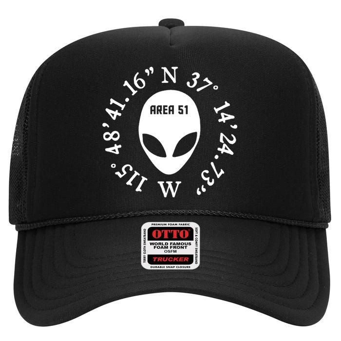 Area 51 Coordinates Ufo Alien Funny High Crown Mesh Back Trucker Hat