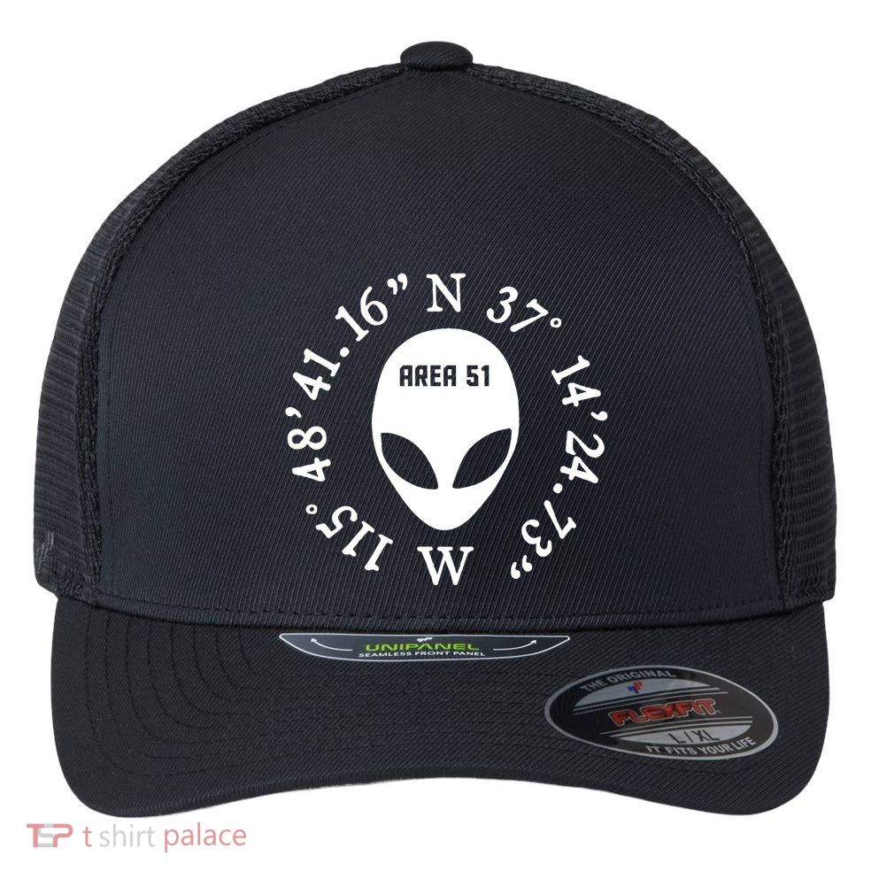 Area 51 Coordinates Ufo Alien Funny Flexfit Unipanel Trucker Cap