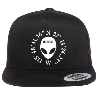 Area 51 Coordinates Ufo Alien Funny Flat Bill Trucker Hat
